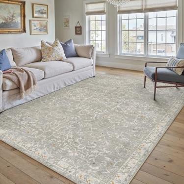 Imagem de HUGEAR Tapete de área, retrô, cinza, lavável à máquina, tapete para sala de estar, vintage, floral, aspirável, quarto, escritório, sala de jantar, lavanderia, antiderrapante, macio, leve