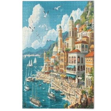 Imagem de Quebra-cabeça adulto vibrante mediterrânea cidade costeira 1000 peças elefante branco divertido família jogo decoração de casa, 1000 peças, 75 x 50 cm