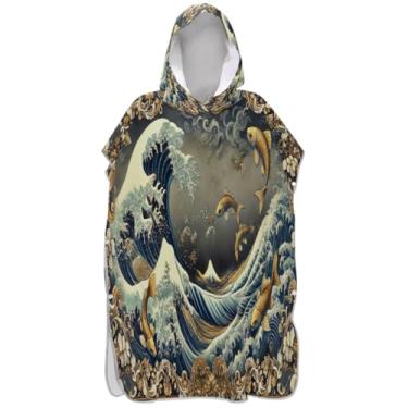 Imagem de Joisal Poncho de surfe para adultos trocador de roupas de banho com capuz toalhas de praia vestíveis ponchos de praia para homens vintage onda peixe dourado