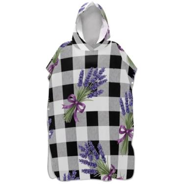 Imagem de Joisal Roupão para adultos poncho de surfe praia moletom toalha de natação secagem rápida preto branco xadrez lavanda homens mulheres poncho com capuz