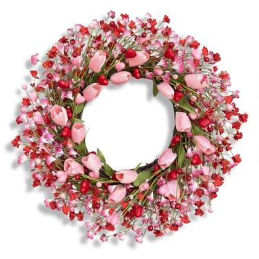 Imagem de Guirlanda de dia dos namorados de 61 cm, guirlanda de dia dos namorados para decoração da porta da frente, guirlanda de tulipa rosa com baga de coração para decoração de jantar à luz de velas da porta