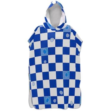 Imagem de Joisal Poncho de surfe xadrez azul e branco para adulto, roupão leve, ponchos de praia para homens, toalha de natação com capuz