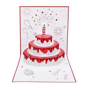 Imagem de Alomejor Cartão de Aniversário Em 3D Com Luz e Música, Fogos de Artifício de Bolo Pop -up Design Automático de Reprodução Automática para Comemoração de Aniversário Presentes (Vermelho)