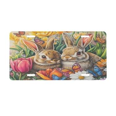 Imagem de Placa de licença de mola de flor de coelho para placas dianteiras de carro alumínio metal adequado para caminhão placa de porta de carro bar café acessórios automotivos para homens mulheres 15 x 30 cm