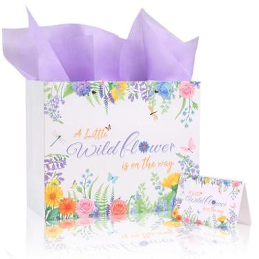 Imagem de Lednica A Little Wildflower Is on the Way Adorável bolsa de borboleta com papel de embrulho e envelope de cartão em design floral, perfeita para artigos de festa de aniversário, bolsas para ela