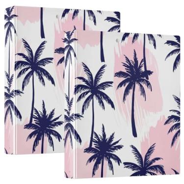 Imagem de Pastas personalizadas de palmeiras azuis marinhas rosa de 3,8 cm, 3 anéis, comporta 200 folhas, anel redondo, fichário de escritório, 31,5 x 27 x 6 cm, pacote com 2