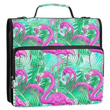 Imagem de Organizador de fichário com zíper rosa, flamingo, verde, folhas de palmeira, 3 anéis, fichário de documentos resistente com alça de ombro para escola, vários bolsos, pasta grande de portfólio