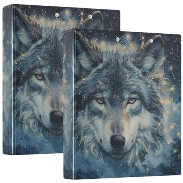Imagem de Fichário personalizado com pintura de lobo estrelado de 3 cm com 3 anéis, 200 folhas, lindo portfólio, anel, impressão, anel redondo, fichário resistente, 31,5 x 27 x 6 cm, pacote com 2