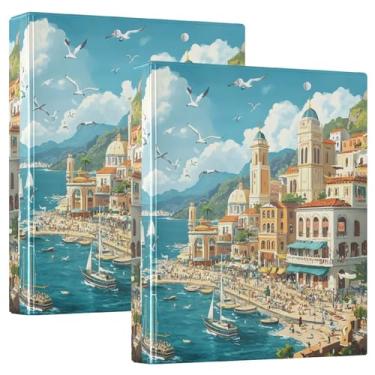 Imagem de Fichários vibrantes Mediterrâneos Coastal Town de 3,8 cm, 3 anéis, comporta 200 folhas, portfólio fofo, anel redondo, fichário resistente, 31,5 x 27 x 6 cm, 1 pacote