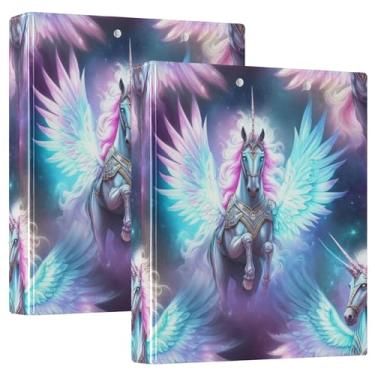Imagem de Fichários Unicórnios Rosa Azul 3,8 cm, 3 argolas, 200 folhas, portátil, 3 pastas de anéis, fichário de receita de anel redondo, 31,5 x 27 x 6 cm, 1 pacote