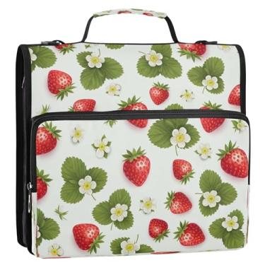 Imagem de Bolsa de fichário floral branca de desenho animado morangos 3 anéis, organizador de portfólio grande com zíper para escola, escritório, porta-pastas de documentos com alça de ombro