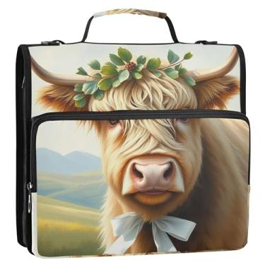 Imagem de Organizador de fichário durável com zíper de 3,8 cm, 3 anéis, bonito estojo de armazenamento de vaca Highland com alça para guardar fichário com alça para escola