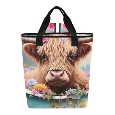 Imagem de Joitme Cooler Bags Cute Highland Cow Flowers Bolsa térmica de viagem para avião 36 latas à prova de vazamento para almoço