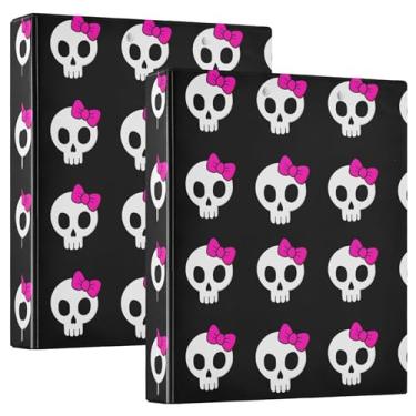 Imagem de Fichários fofos de caveiras brancas pretas com 3 anéis de 3 cm comporta 200 folhas, anel redondo para escritório, 31,5 x 27 x 6 cm, pacote com 2