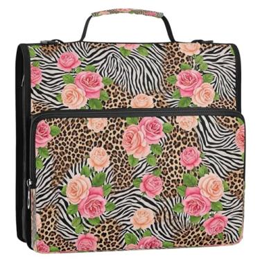 Imagem de Bolsa de fichário floral com 3 anéis com tira, organizador de fichário com zíper comporta 500 folhas, portfólio de armazenamento de documentos com vários bolsos para escola, escritório, viagens