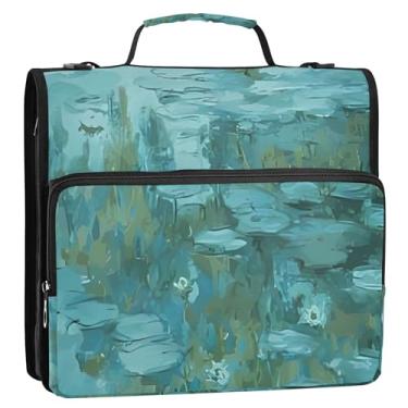 Imagem de Fichários profissionais de 3 cm com 3 anéis de pintura de lírio de água verde resistente com zíper e organizador de fichário para 500 folhas, bolsa escolar com alça de ombro