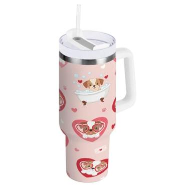 Imagem de Blueangle Copo isolado com alça e tampa de canudo, de 850 g de desenho animado dos namorados, caneca de viagem de aço inoxidável reutilizável (555)