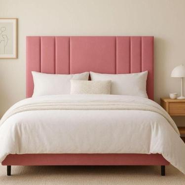 Imagem de Cabeceira 160 Cm Queen Estofada Veludo Cama Box Moderna Frame Rosa - B