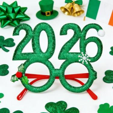 Imagem de 1 peça de adereços de plástico para cabine fotográfica de ano novo de 2026, óculos de glitter verde para decoração de festa de ano novo, adereços de cabine de fotos