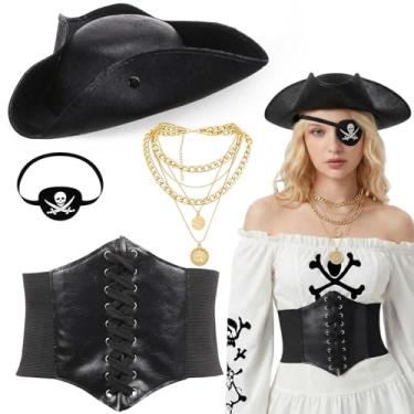 Imagem de Maiteenly 4 peças de fantasia de pirata tricórnio chapéu de pirata preto espartilho cinto colar caveira e tapa-olhos para adultos mulheres homens cosplay e vestido (G)