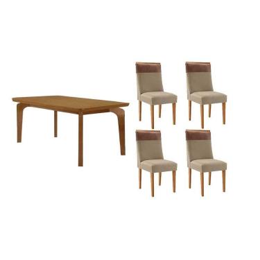Imagem de Sala Jantar Mesa Londrina Tampo Curvo 120cm+4 Cadeiras Jaspe Madeira Naturale - Capuccino/Linho Bege - Rufato
