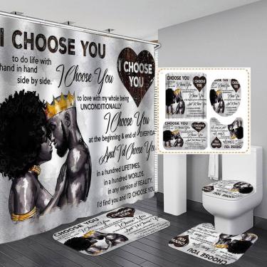 Imagem de Conjunto de cortinas de chuveiro I Choose You com tapete e tampa de vaso sanitário