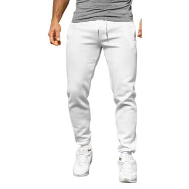 Imagem de Calça moletom masculina cor branca pelúciada barra com punhos e 2 bols