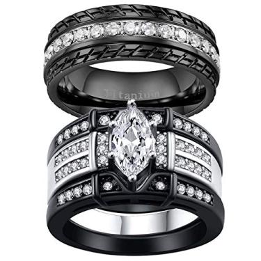 Imagem de Anel de casamento feminino ringheart 2 anéis pretos para ele e para ela anéis de casal corte marquise CZ conjunto de alianças de casamento masculinas de aço titânio