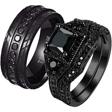 Imagem de ringheart 2 anéis para ele e para ela anéis banhados a preto para casal corte princesa 6 mm verde CZ conjuntos de alianças de casamento masculinas de aço de titânio, women size7 & men size10, Metal Metal Cristal Strass, Zircônia cúbica