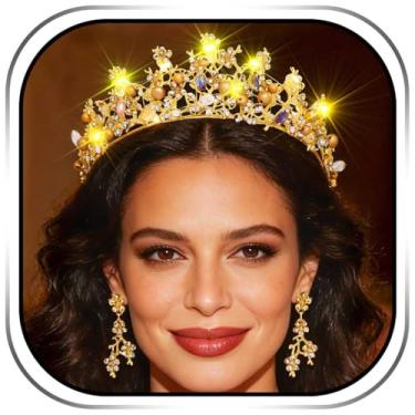 Imagem de Campsis Conjunto de coroas iluminadas de LED Queen para casamento, acessórios de cabelo para noivas para mulheres