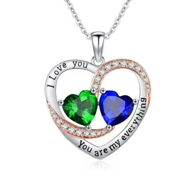 Imagem de WYDDO Colar de coração para mulheres, ouro rosa 14K, pingente de pedra do mês de nascimento duplo, ideal para aniversário, dia dos namorados, presente de Natal para sua esposa, mãe, filha, Base