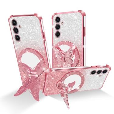 Imagem de Easyscen Capa para celular Samsung Galaxy S24 Plus (6,7 polegadas), com suporte de borboleta e 4 cantos de airbag protetora, capa protetora à prova de choque de luxo feminina com glitter - ouro rosa
