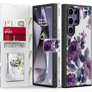 Imagem de FUNMIKO Capa carteira para Samsung Galaxy S24 Ultra, capa de couro dobrável destacável, bloqueio de RFID, 4 porta-cartões, função de suporte, capa protetora de telefone para mulheres, flores roxas