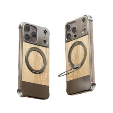 Imagem de SNIDII Capa para iPhone16 15 14 ProMax Retro Half Pack Woodiness Texture 360° giratório metal suporte magnético capa para celular (cinza, iPhone 16 Pro Max)