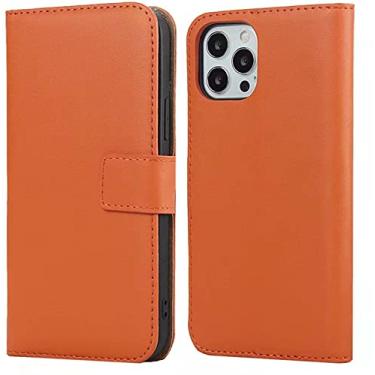 Imagem de EKESA Capa de telefone de couro de concha magnética, para Apple iPhone 13 Pro Max (2021) 6,7 polegadas Folio Kickstand Case Carteira [Suporte de cartão] Coldre (Cor: Laranja)