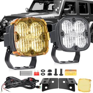 Imagem de HTZCMOTO Luzes de vala de LED de 7,6 cm para Wrangler JK JKU 2007-2017, com kits de combinação de cablagem de suportes de pilar A, 40W Spot Flood Offroad Luzes LED Bar Pods Branco Amarelo Lihgt, Par