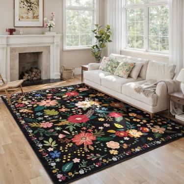 Imagem de ARKIIKI Tapete de sala de estar, 15 x 23 cm, lavável na máquina, boho, antiderrapante, floral, vintage, pilha baixa, tapetes grandes para sala de estar, quarto, casa de fazenda, sala de jantar (preto)