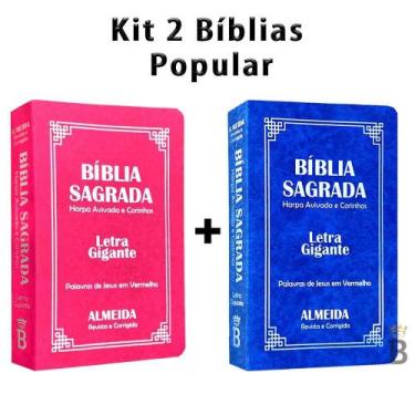 Imagem de Kit 2 Biblias Sagrada Letra Gigante Luxo Popular - Pink e Azul - Com H