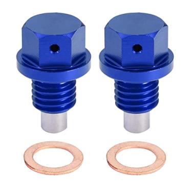Imagem de X AUTOHAUX Conjunto de 2 plugues de drenagem de óleo M12 x 1,75 de liga de alumínio magnético, porca de drenagem de óleo, parafuso de drenagem de óleo com 2 arruelas para carro, motocicleta, azul