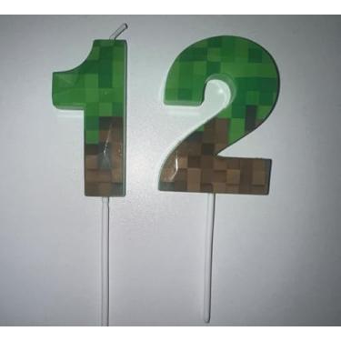 Imagem de Vela de aniversário pixel, velas com número mineiro de 6,8 cm, decoração de aniversário com tema de jogo, para festa de videogame dinamite com tema pixel, aniversário, aniversário (verde, 12)