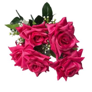 Imagem de Rosa Artificial Decorativa com 5 Flores na Ponta, Galho Realista para Arranjos e Decoração de Ambientes(Kit com 2 Unidades,Rosa Pink)