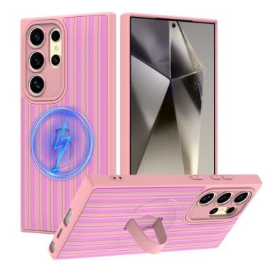 Imagem de tharlet Capa compatível com Samsung Galaxy S24 Ultra com alça de dedo, compatível com MagSafe, estampa listrada fofa para mulheres e meninas, capa protetora antiarranhões para Galaxy S24 Ultra, rosa