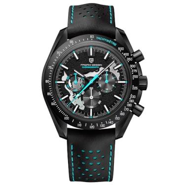 Imagem de TYBERLEY Pagani Design 1779 Relógio masculino luxuoso de quartzo lua cronógrafo esqueleto AR safira sintética VK63 movimento pulseira de couro impermeável relógio esportivo preto completo, Azul, alça