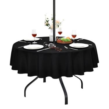 Imagem de Wolkemer Toalha de mesa preta resistente à água ao ar livre com orifício para guarda-chuva e zíper, toalha de mesa redonda de linho sintético de 152 cm, capa de mesa de pátio limpa para piquenique e