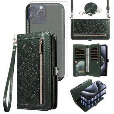 Imagem de Asuwish Capa de celular para iPhone 15 Pro 6,1 polegadas com zíper carteira destacável com protetor de tela de vidro temperado alça de pulso mandala flor porta-cartão i Phone15 i15 15Pro mulheres