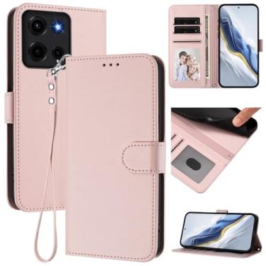 Imagem de Capa carteira para Motorola Moto G67 Power, capa fina de couro com compartimentos para cartões, alça de pulso e suporte, capa protetora à prova de choque para homens e mulheres (rosa)