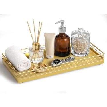 Imagem de Bandeja de banheiro para balcão – 30,5 cm x 15,2 cm Bandeja decorativa de madeira de oka para cozinha│cômoda │cafeteria│Tanque de vaso sanitário, dourado