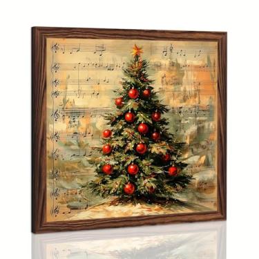 Imagem de Árvore de Natal com Partitura Placa Emoldurada de Madeira Placa de Decoração de Natal Harmonia Festiva Arte de Parede Decoração Vintage para o País das Maravilhas do Inverno, Sala de Música 20 x 20 cm