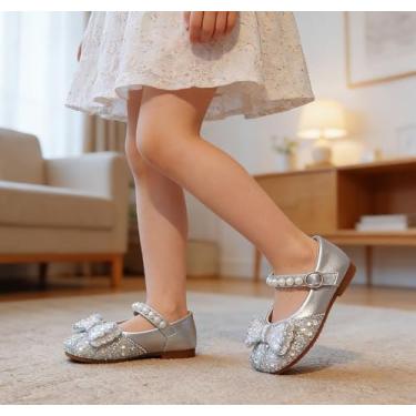 Imagem de Sapato social feminino Bow Mary Jane Sapatilha bailarina com alças de contas para festa casamento escola (bebê/criança pequena/criança grande), Prata, 10.5 Little Kid