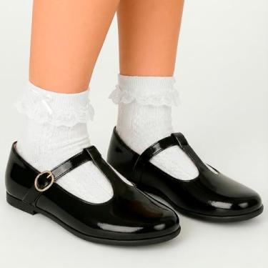 Imagem de Kit Sapatilha Feminina Retrô com Fivela e Meia Branca de Renda Estilo Vintage Tal Mãe Tal Filha (Preto, BR, Criança de 4 a 8 anos, Numérico, 29)